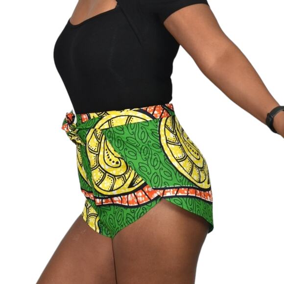 Homemade Wrap Shorts Green Ankara African Print Hot Pants Retro Sewing Cotton 4 - Picture 4 of 16